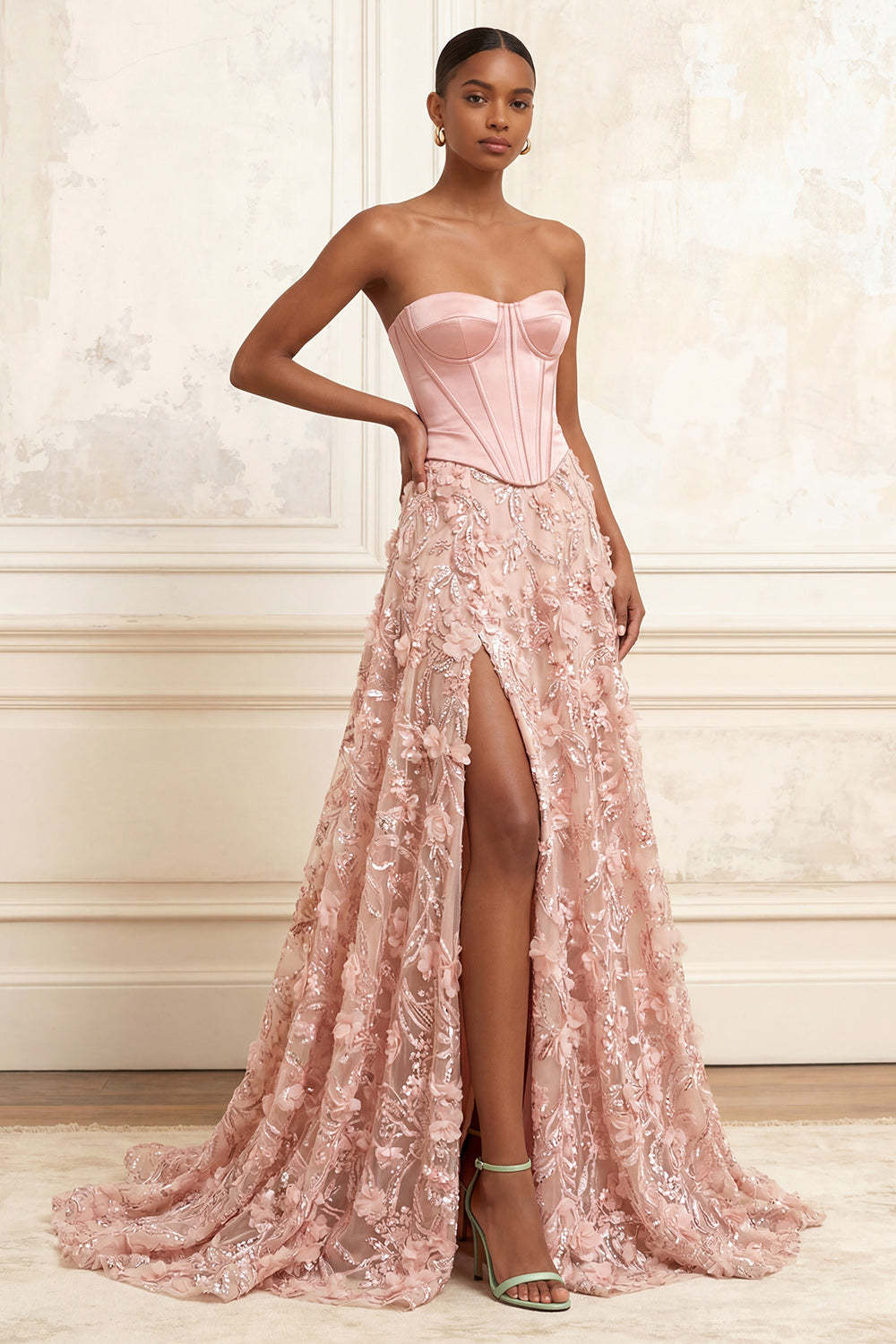 Leely Women Appliqued Floral Blush Corset A Line Long Prom Dress with Slit Backless Sleeveless Evening Dress