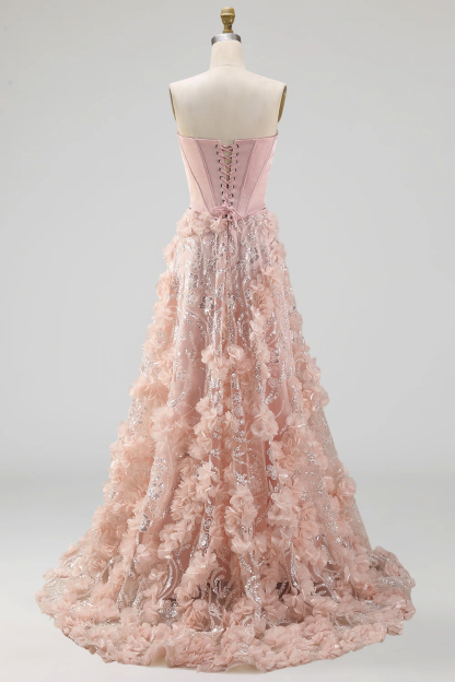 Appliqued Floral Blush Corset A Line Long Prom Dress with Slit