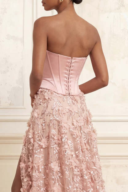 Appliqued Floral Blush Corset A Line Long Prom Dress with Slit