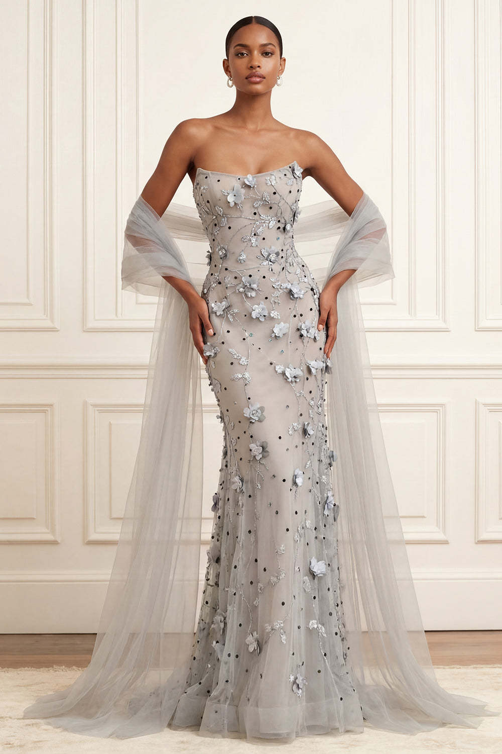 Leely Women Silver Floral Appliqued Sheath Long Prom Dress Strapless Backless Gala Dress