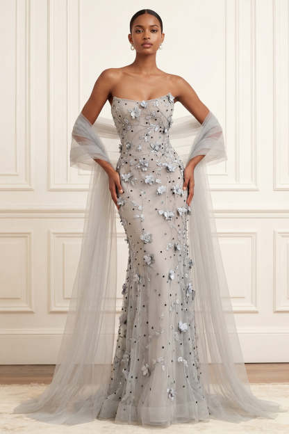 Leely Women Silver Floral Appliqued Sheath Long Prom Dress Strapless Backless Gala Dress