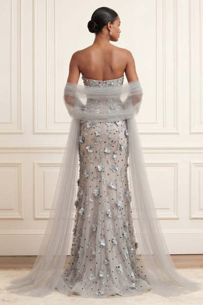 Silver Floral Appliqued Sheath Strapless Long Prom Dress