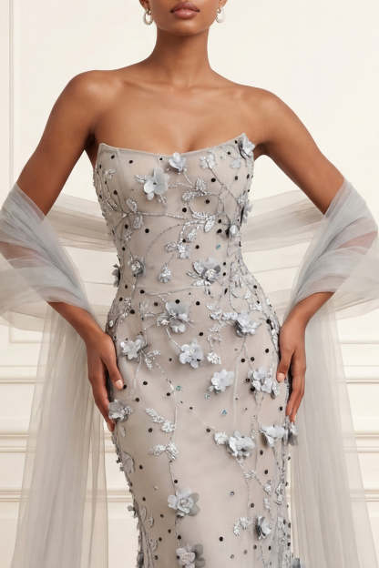 Silver Floral Appliqued Sheath Strapless Long Prom Dress