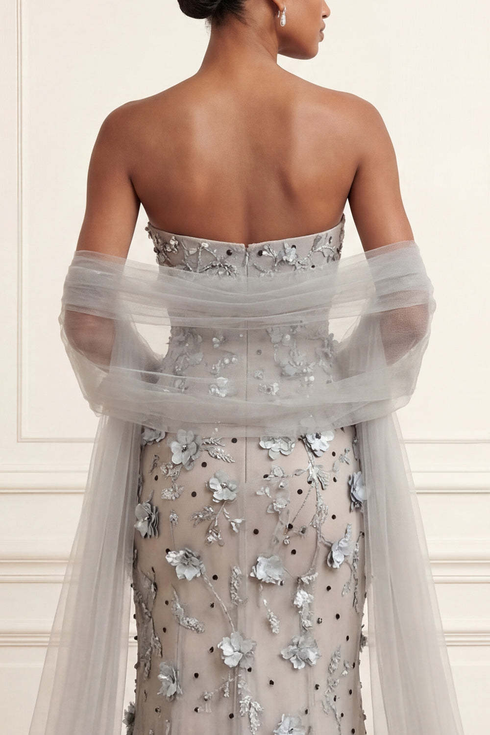 Silver Floral Appliqued Sheath Strapless Long Prom Dress
