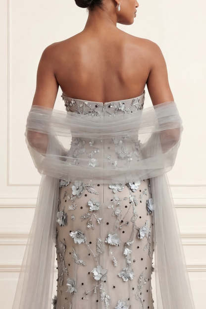 Silver Floral Appliqued Sheath Strapless Long Prom Dress