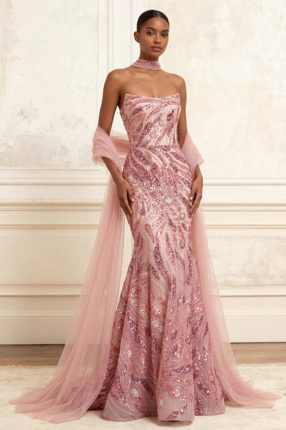 Leely Women Sequined Sparkly Floral Pink Mermaid Long Prom Dress Backless Strapless Pageant Dress