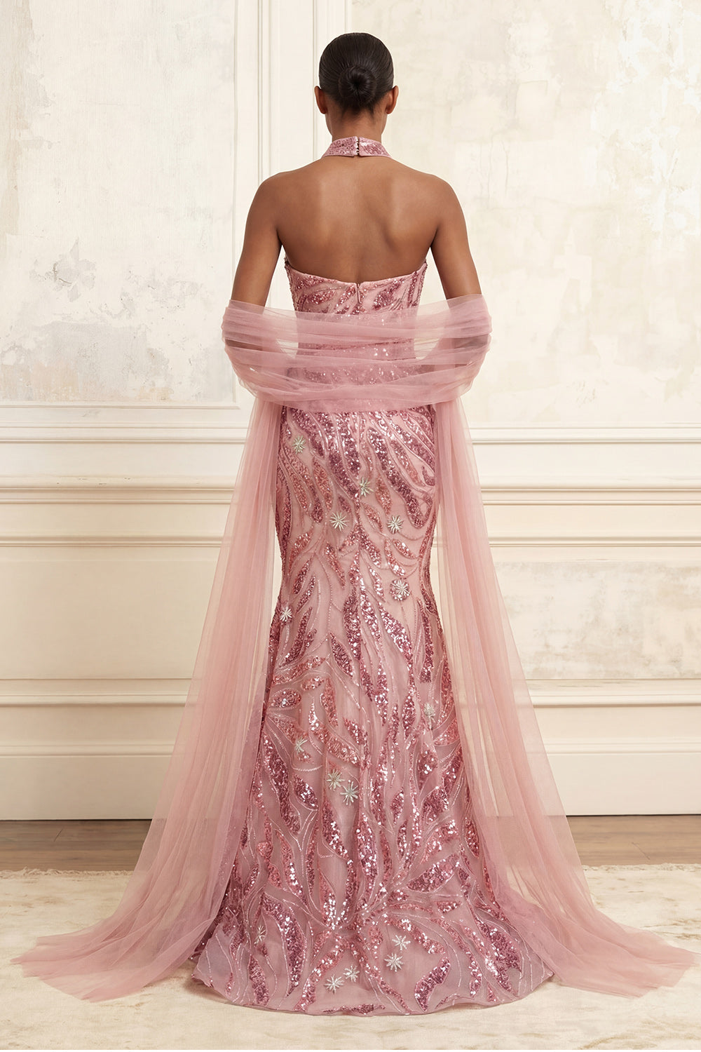 Sequined Sparkly Floral Pink Mermaid Long Prom Dress