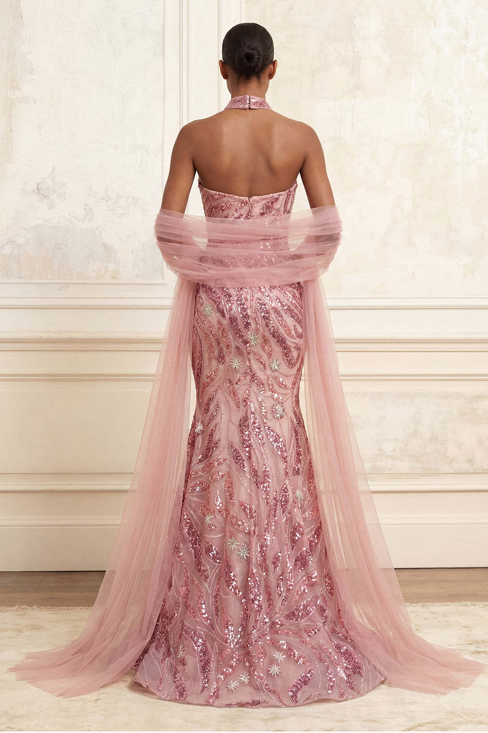 Sequined Sparkly Floral Pink Mermaid Long Prom Dress
