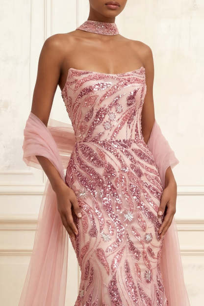 Sequined Sparkly Floral Pink Mermaid Long Prom Dress