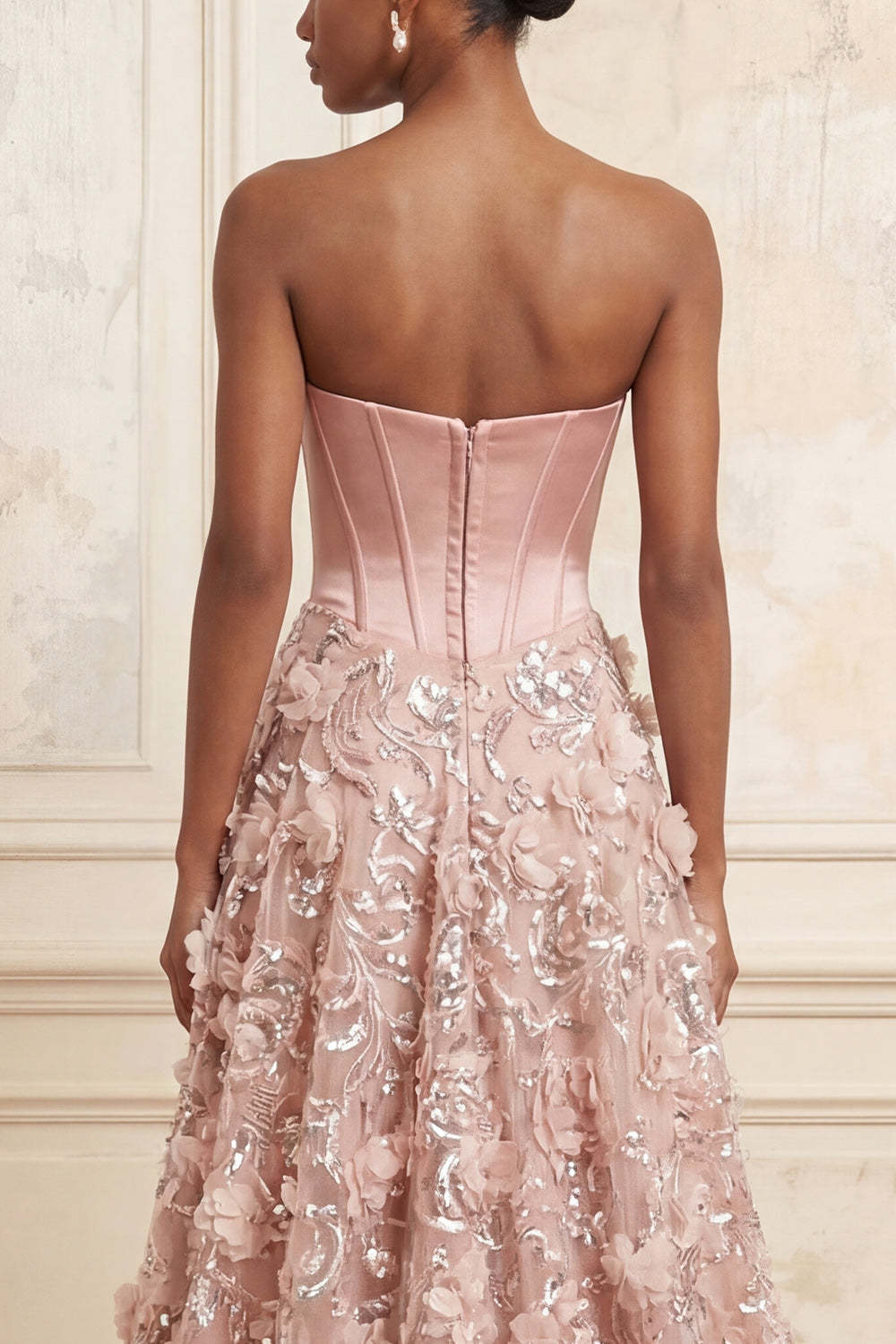 Corset Floral A Line Blush Appliqued Blush Long Prom Dress