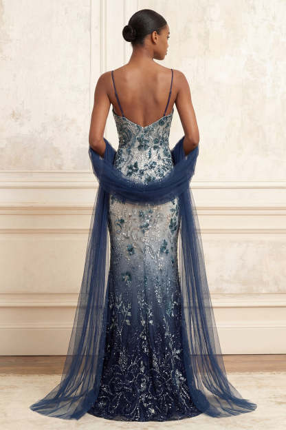 Spaghetti Straps Navy Mermaid Sparkly Sequined Long Prom Dress with Cape