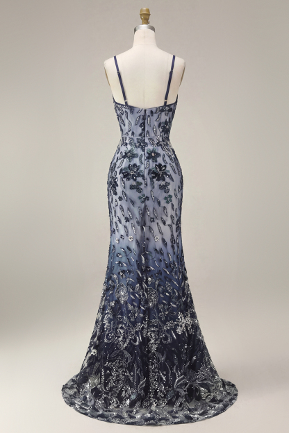 Spaghetti Straps Navy Mermaid Sparkly Sequined Long Prom Dress with Cape