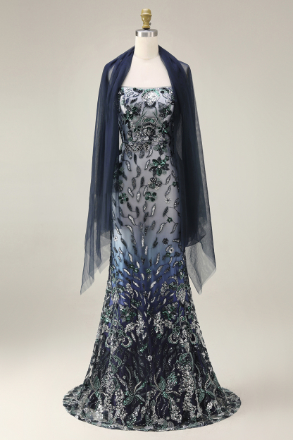 Spaghetti Straps Navy Mermaid Sparkly Sequined Long Prom Dress with Cape