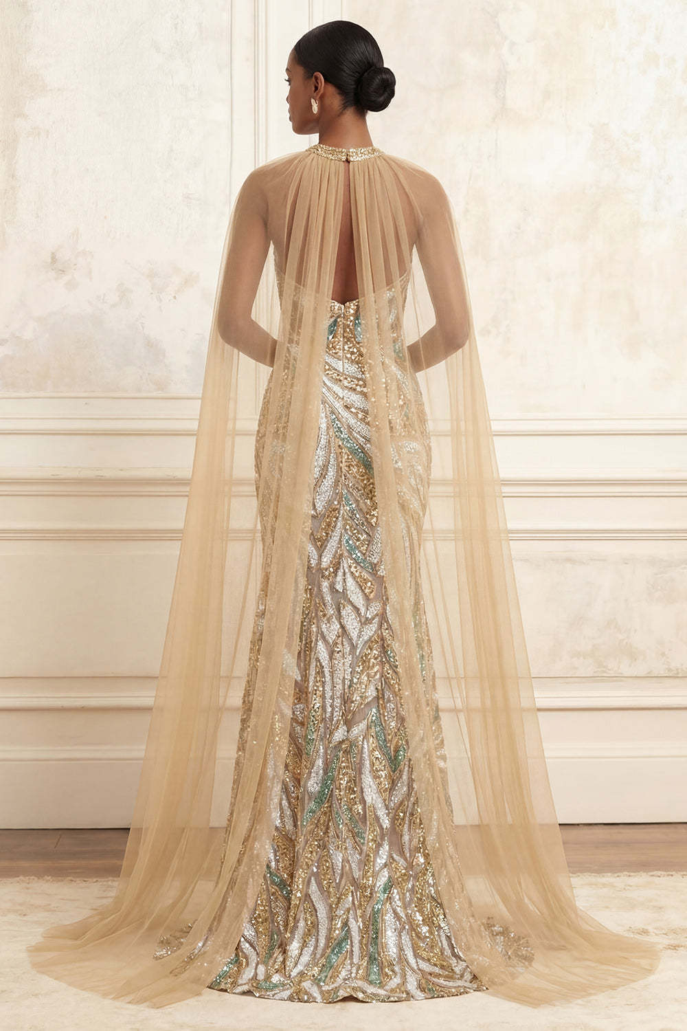 Champagne Floral Mermaid Halter Neck Long Prom Dress with Cape