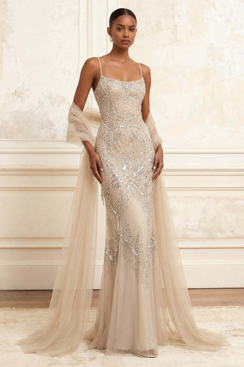 Leely Women Sparkly Apricot Sheath Spaghetti Straps Beaded Long Prom Dress Backless Sleeveless Pageant Dress with Cape