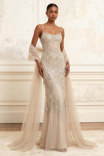 Leely Women Sparkly Apricot Sheath Spaghetti Straps Beaded Long Prom Dress Backless Sleeveless Pageant Dress with Cape