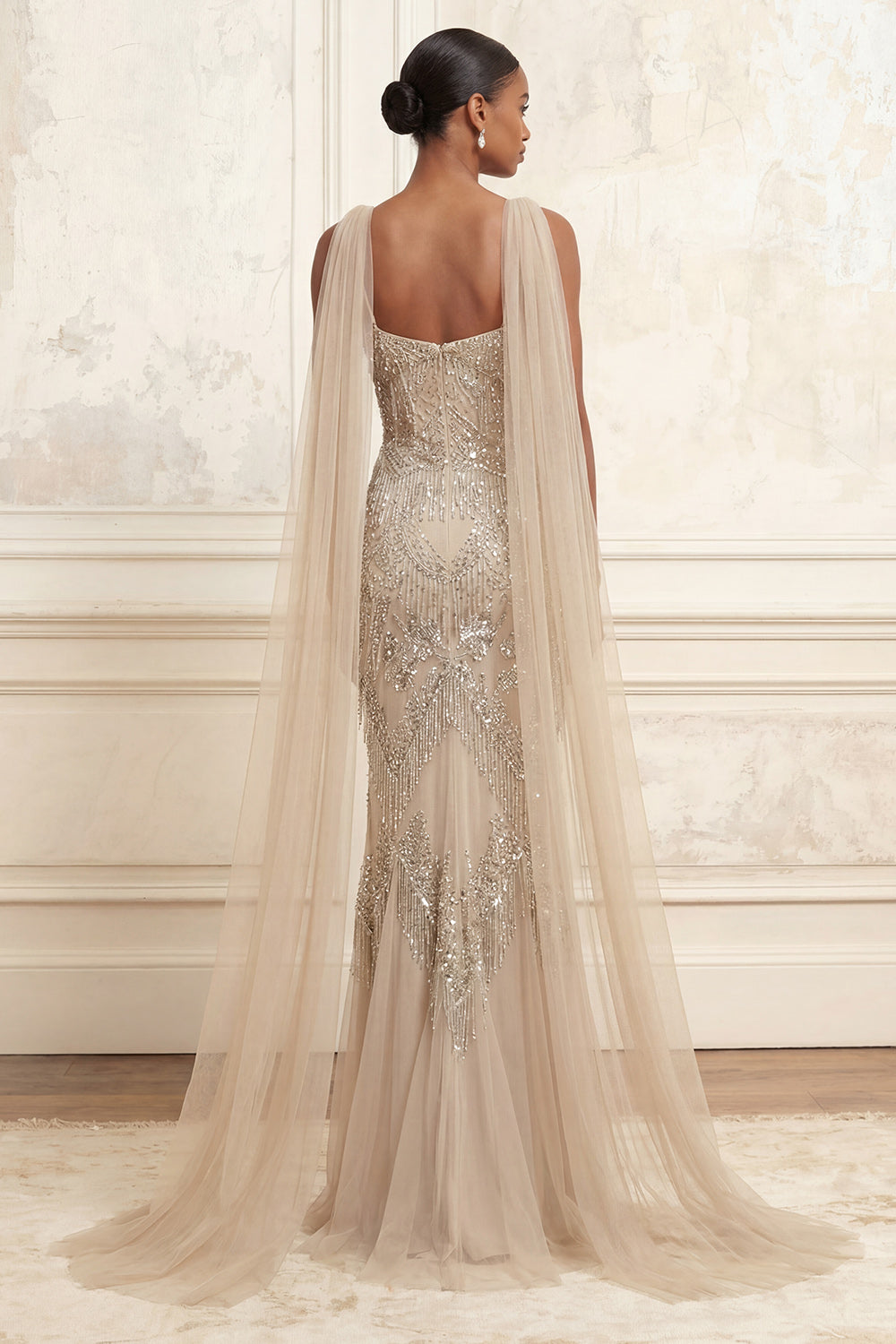 Sparkly Apricot Sheath Spaghetti Straps Beaded Long Prom Dress