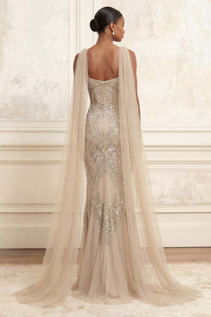 Sparkly Apricot Sheath Spaghetti Straps Beaded Long Prom Dress