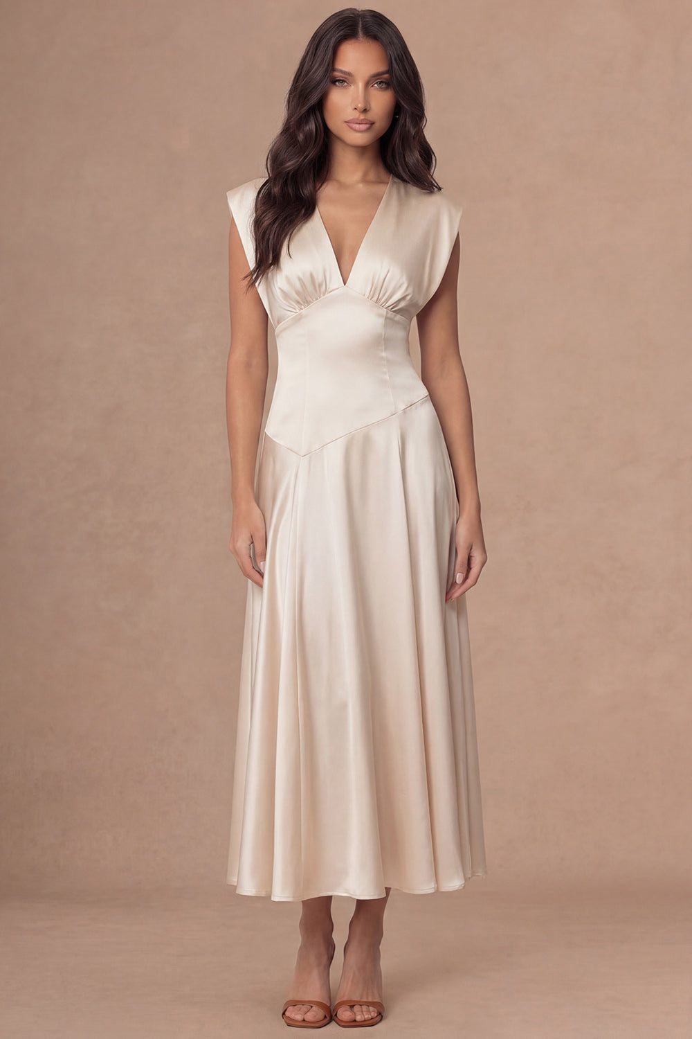 Leely Women Sheath Ivory Satin Sleeveless Midi Engagement Dress V Neck Backless Wedding Reception Dress