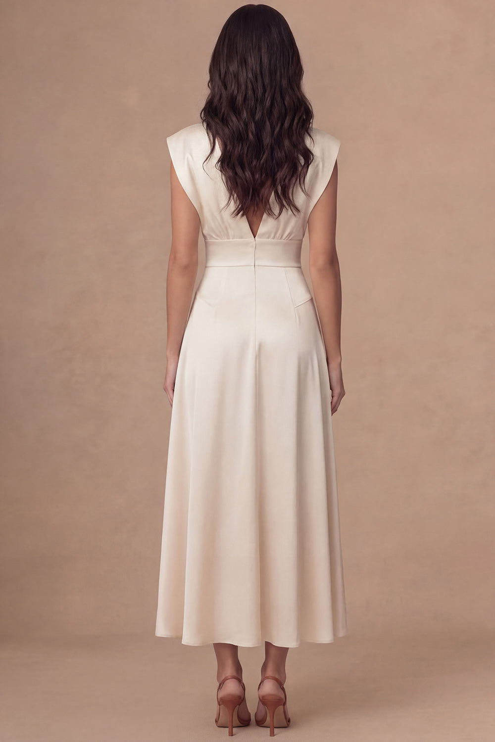 Sheath Ivory V Neck Satin Sleeveless Midi Engagement Dress