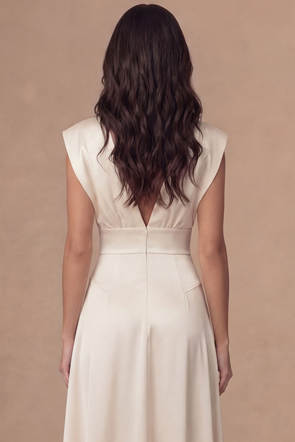 Sheath Ivory V Neck Satin Sleeveless Midi Engagement Dress