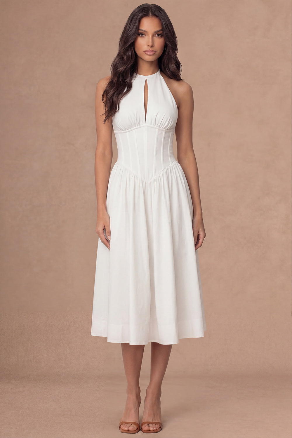 Leely Women White Corset A Line Long Engagement Dress Halter Neck Backless Sleeveless Wedding Reception Dress
