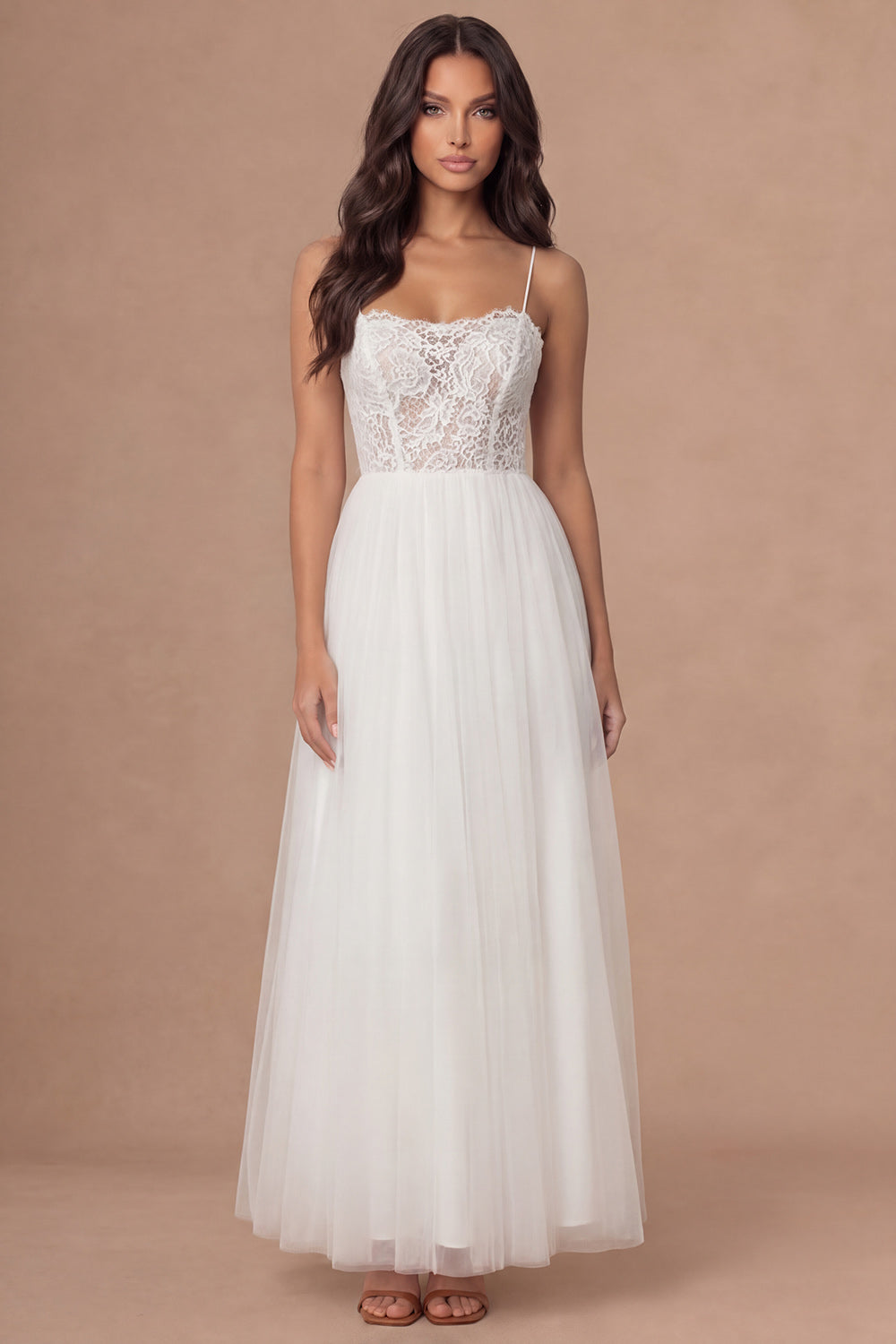 White A Line Spaghetti Straps Floral Appliqued Long Wedding Reception Dress