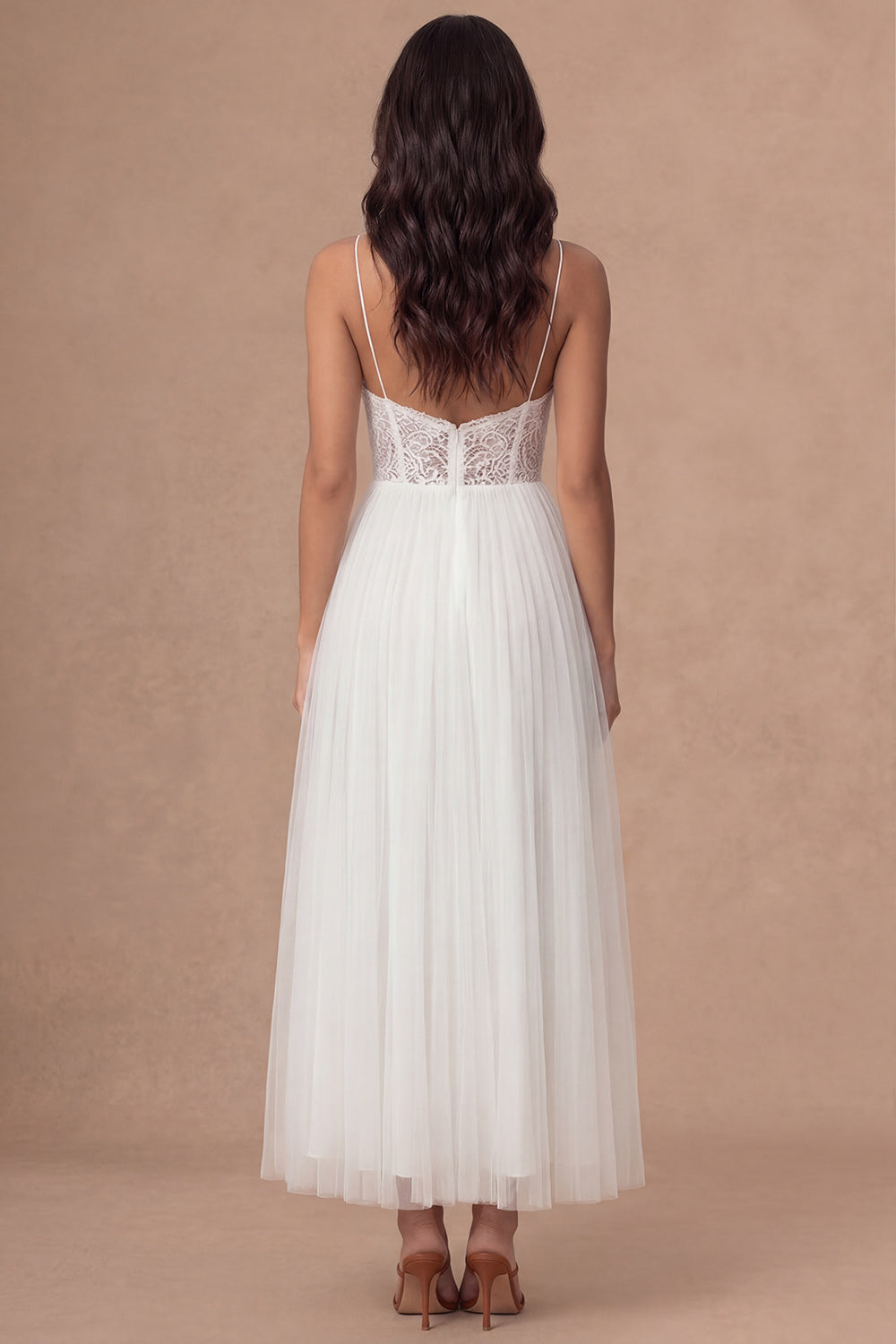White A Line Spaghetti Straps Floral Appliqued Long Wedding Reception Dress