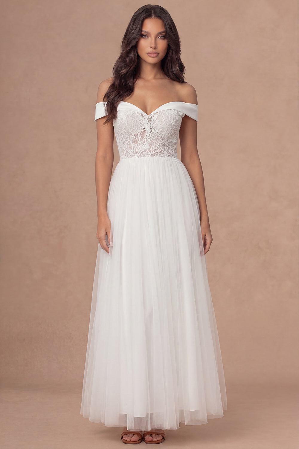 White A Line Off the Shoulder Floral Appliqued Long Wedding Reception Dress