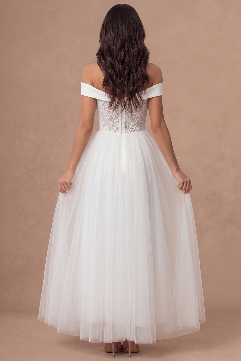 White A Line Off the Shoulder Floral Appliqued Long Wedding Reception Dress