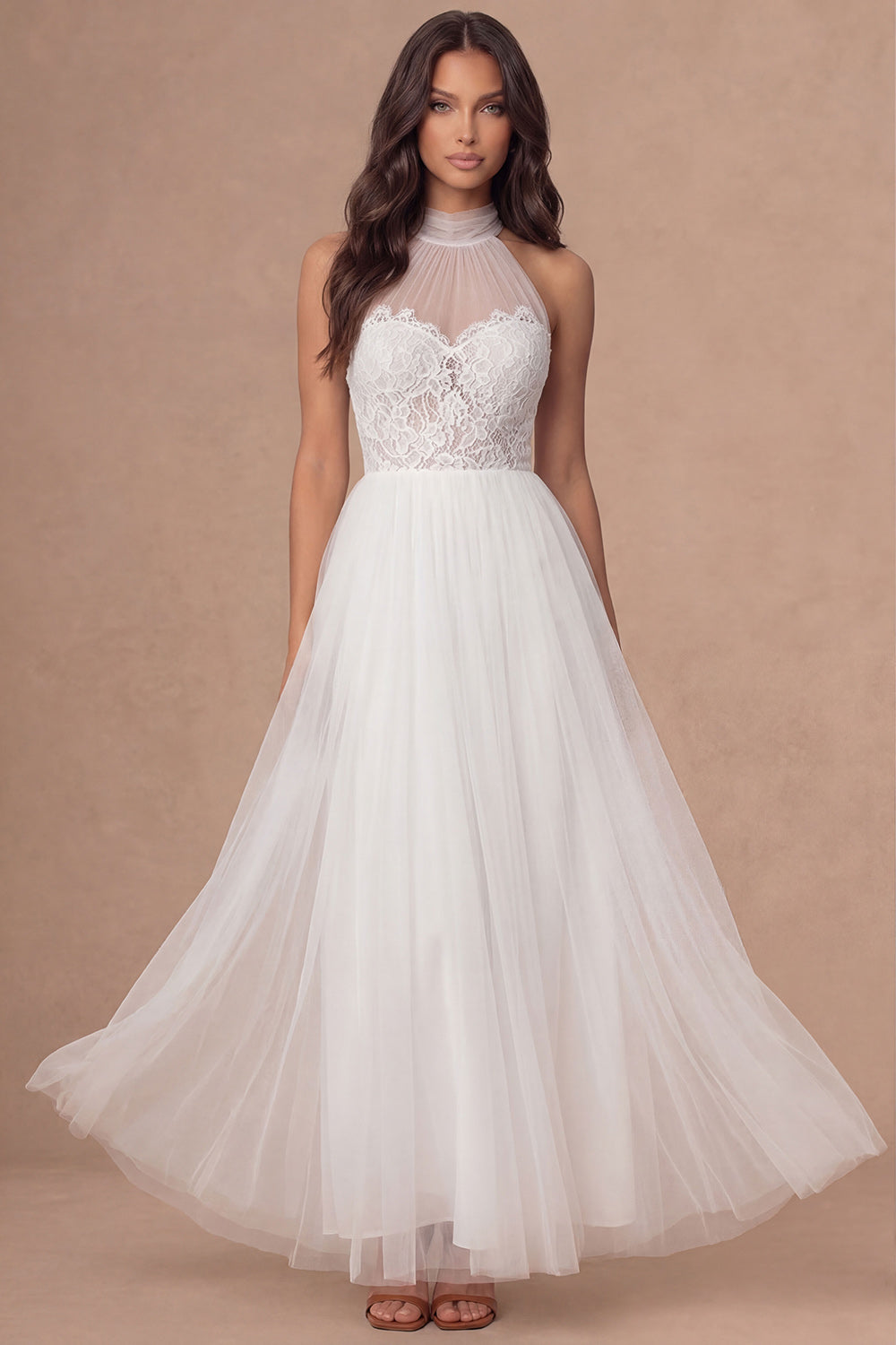 Halter Neck White A Line Floral Appliqued Long Wedding Reception Dress