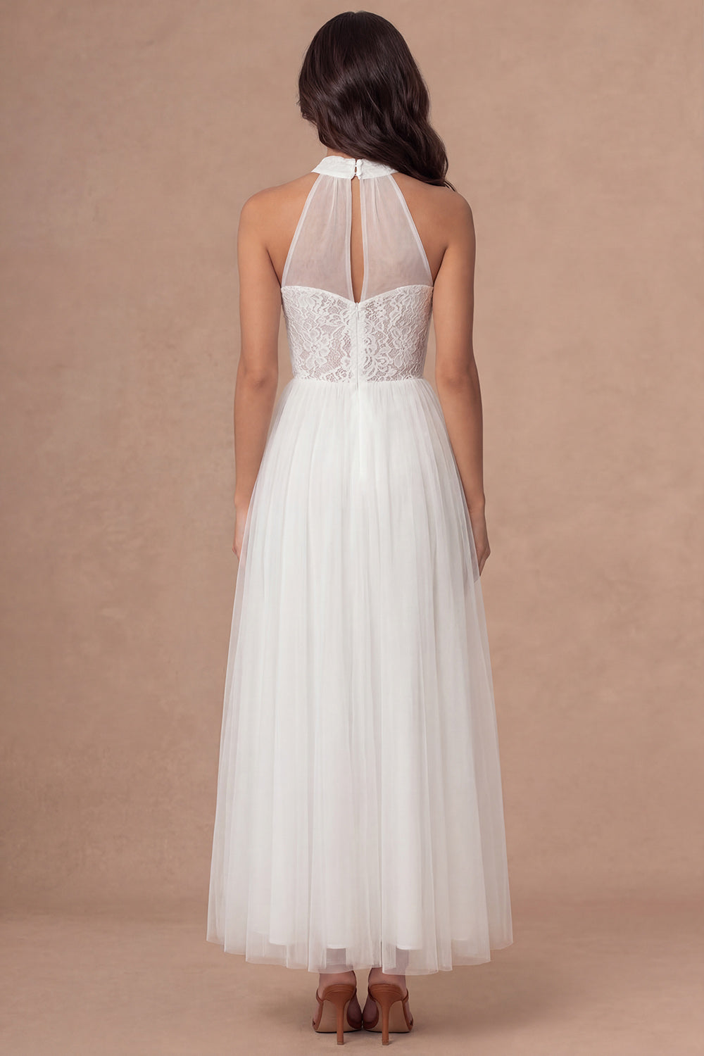 Halter Neck White A Line Floral Appliqued Long Wedding Reception Dress