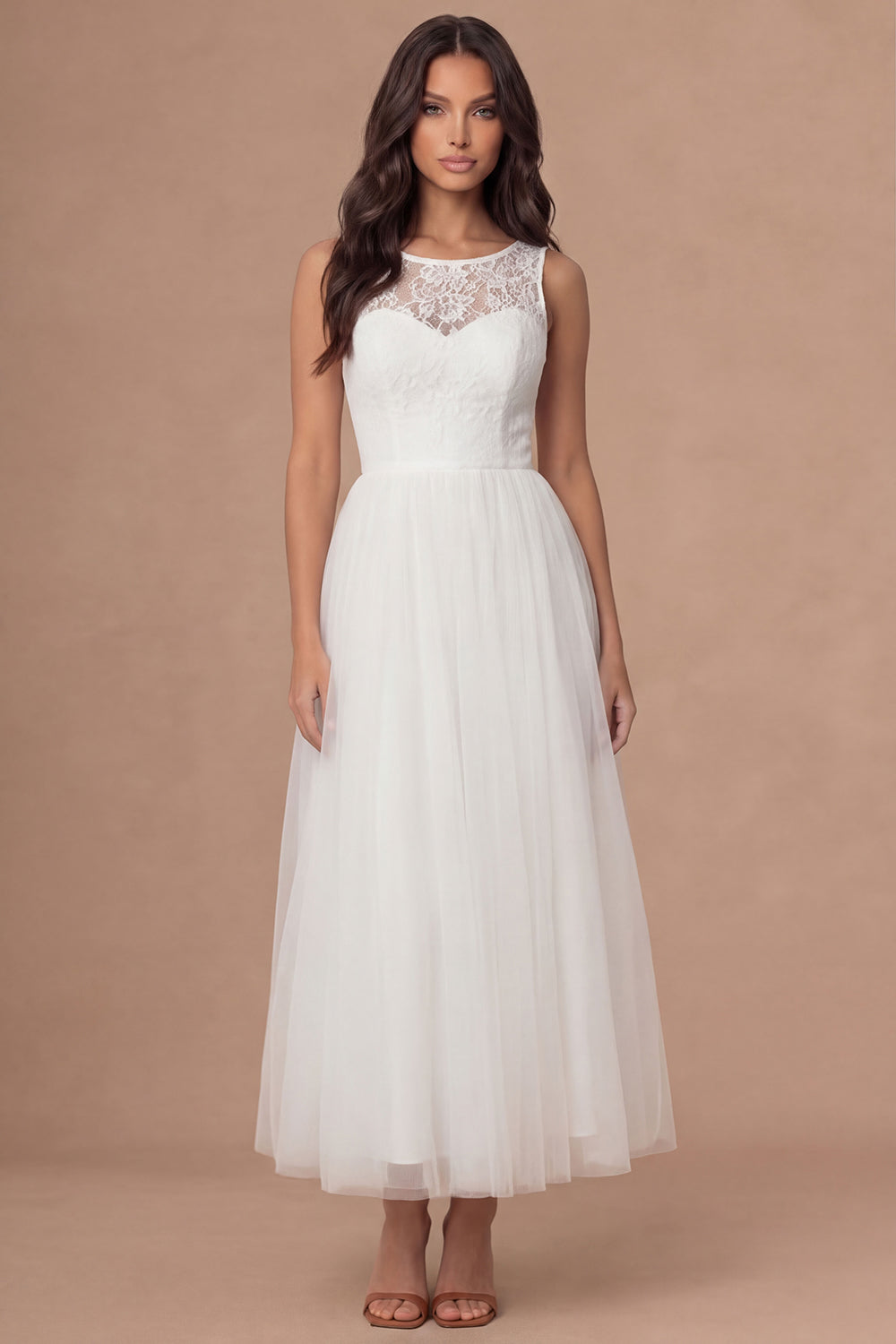 White A Line Long Tulle Wedding Reception Dress with Lace