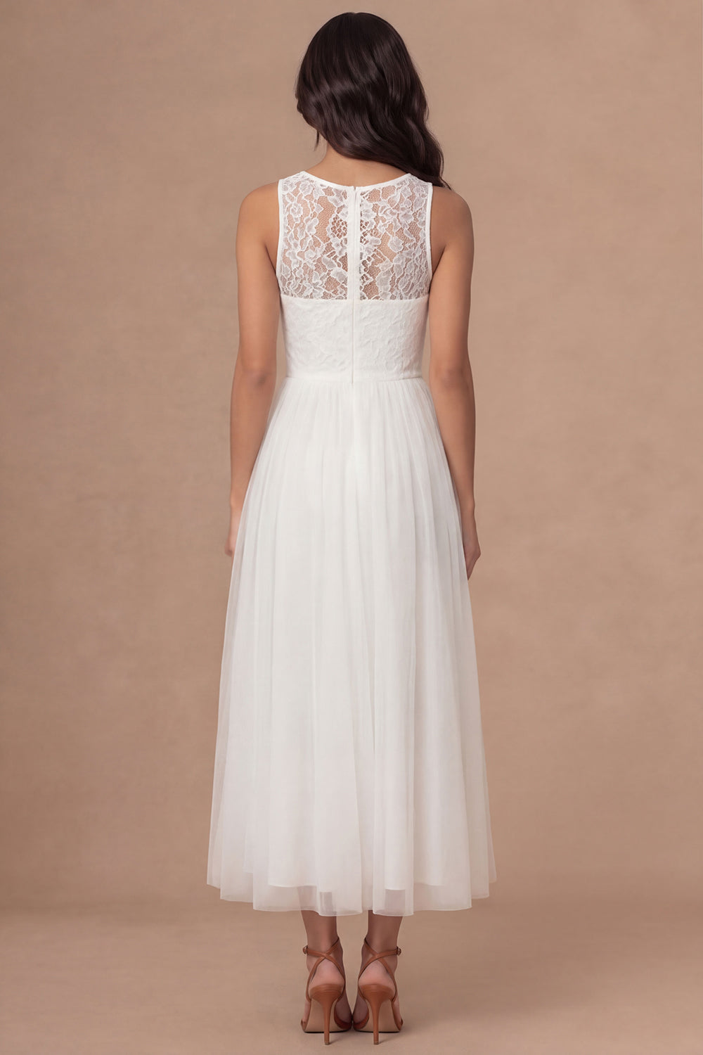 White A Line Long Tulle Wedding Reception Dress with Lace