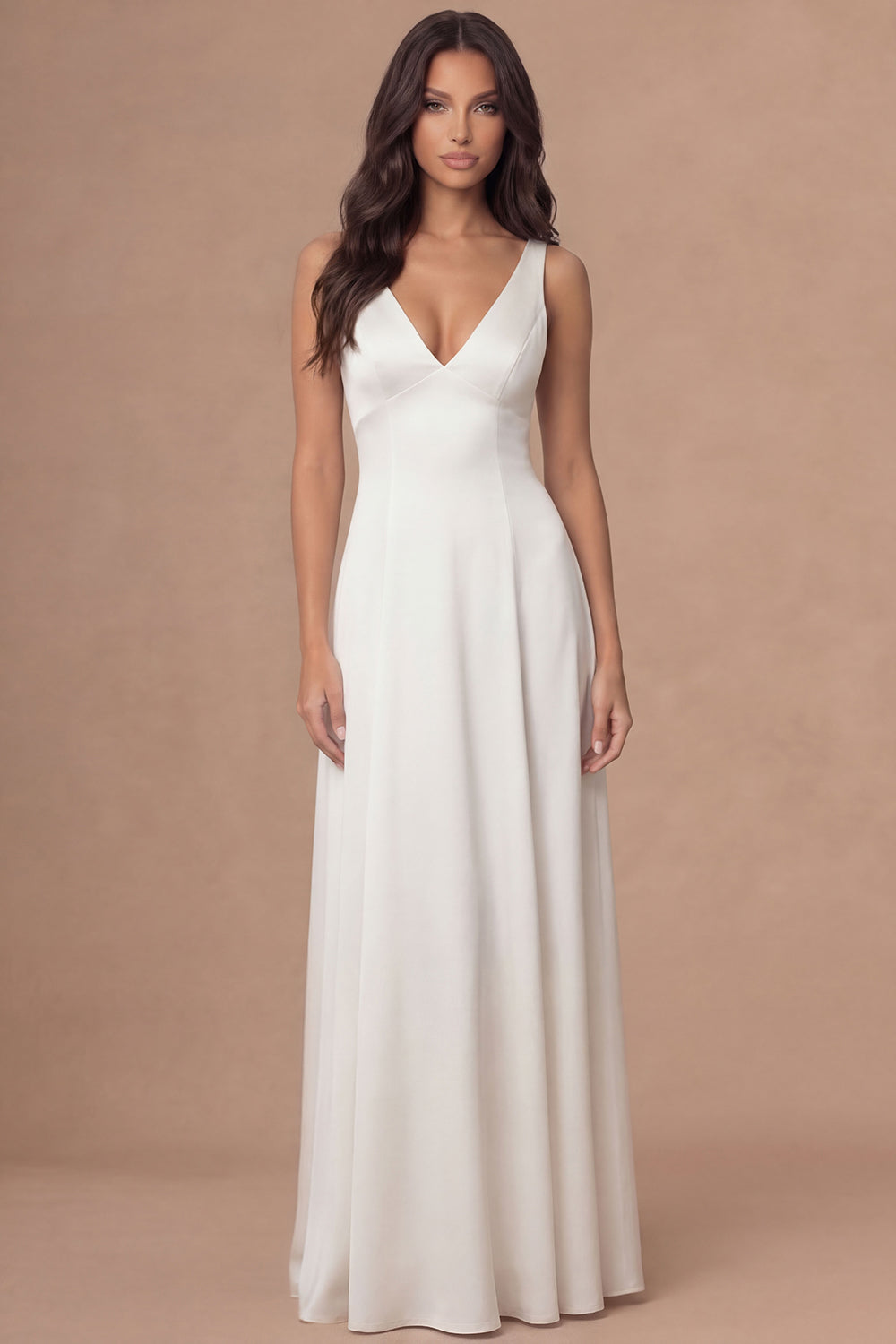White V-Neck A Line Long Satin Wedding Reception Dress