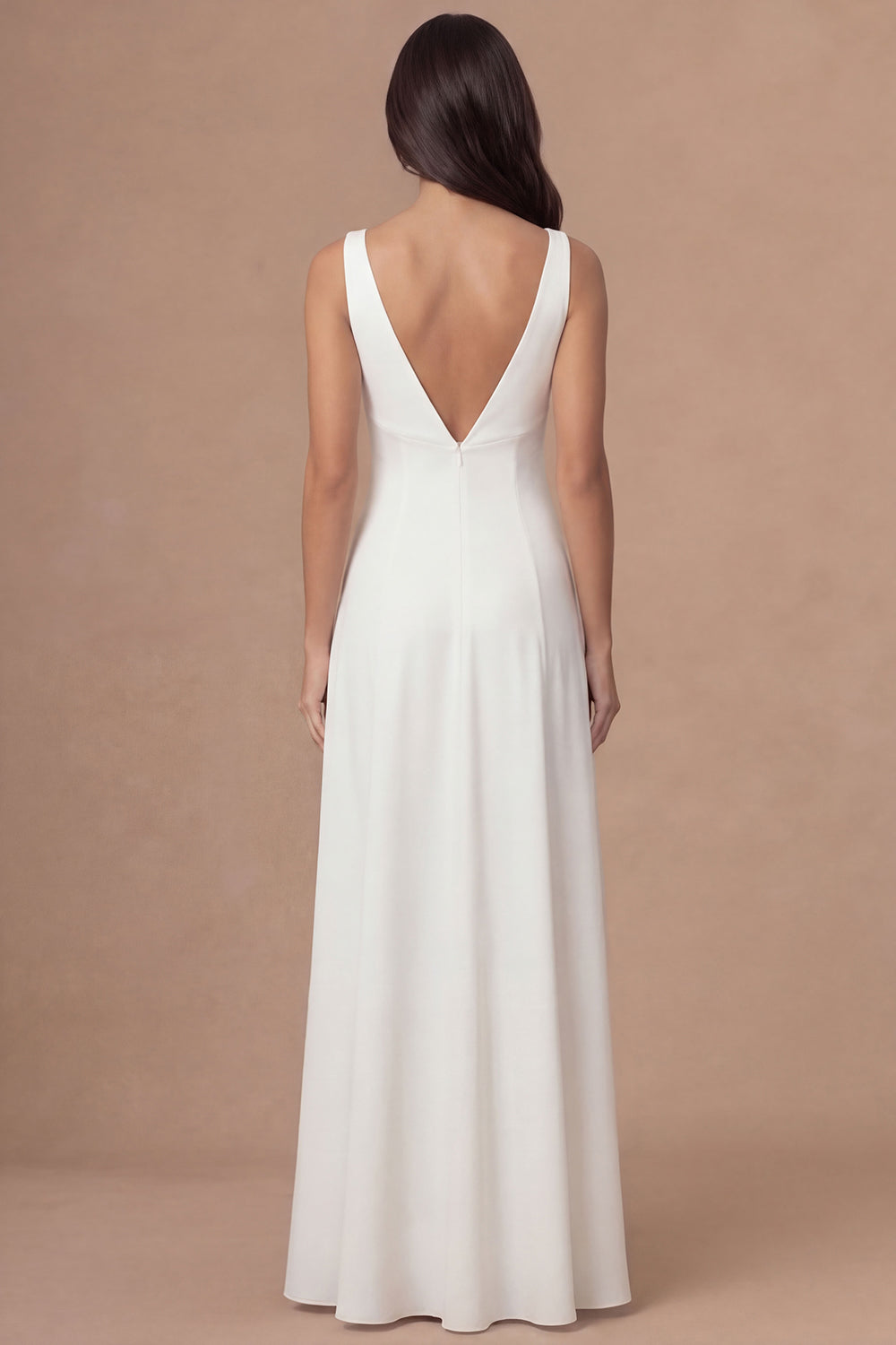 White V-Neck A Line Long Satin Wedding Reception Dress
