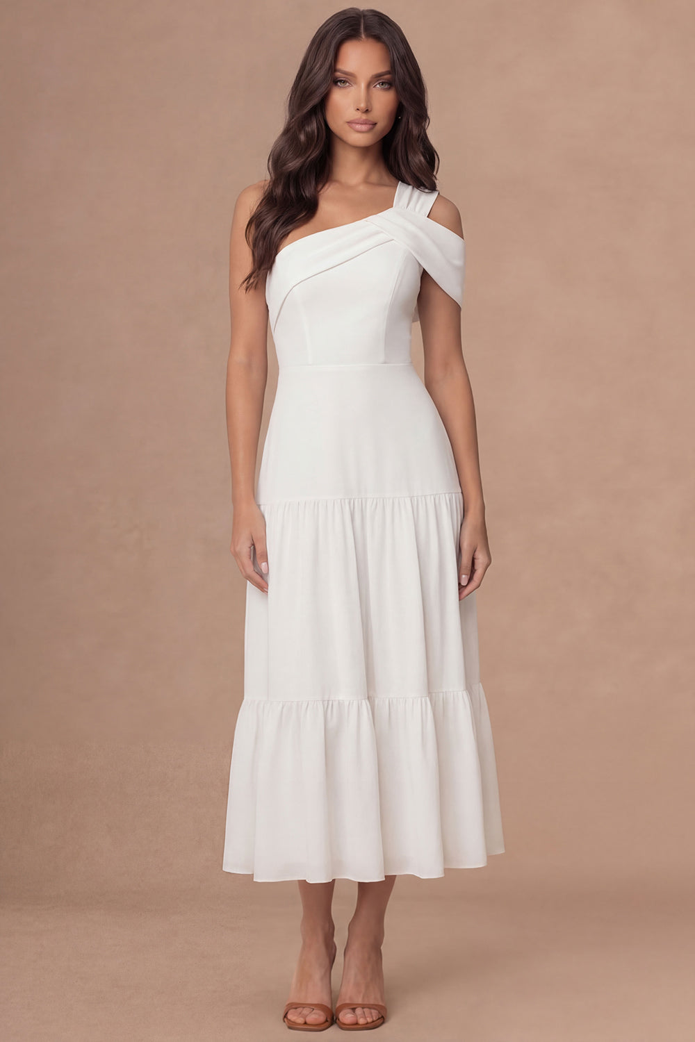 White One Shoulder Chiffon A Line Long Wedding Reception Dress