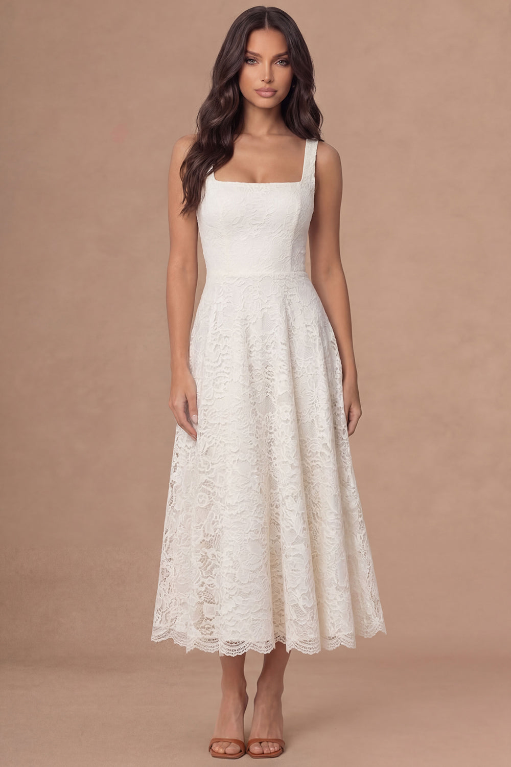 Ivory Lace Square Neck A Line Long Engagement Dress