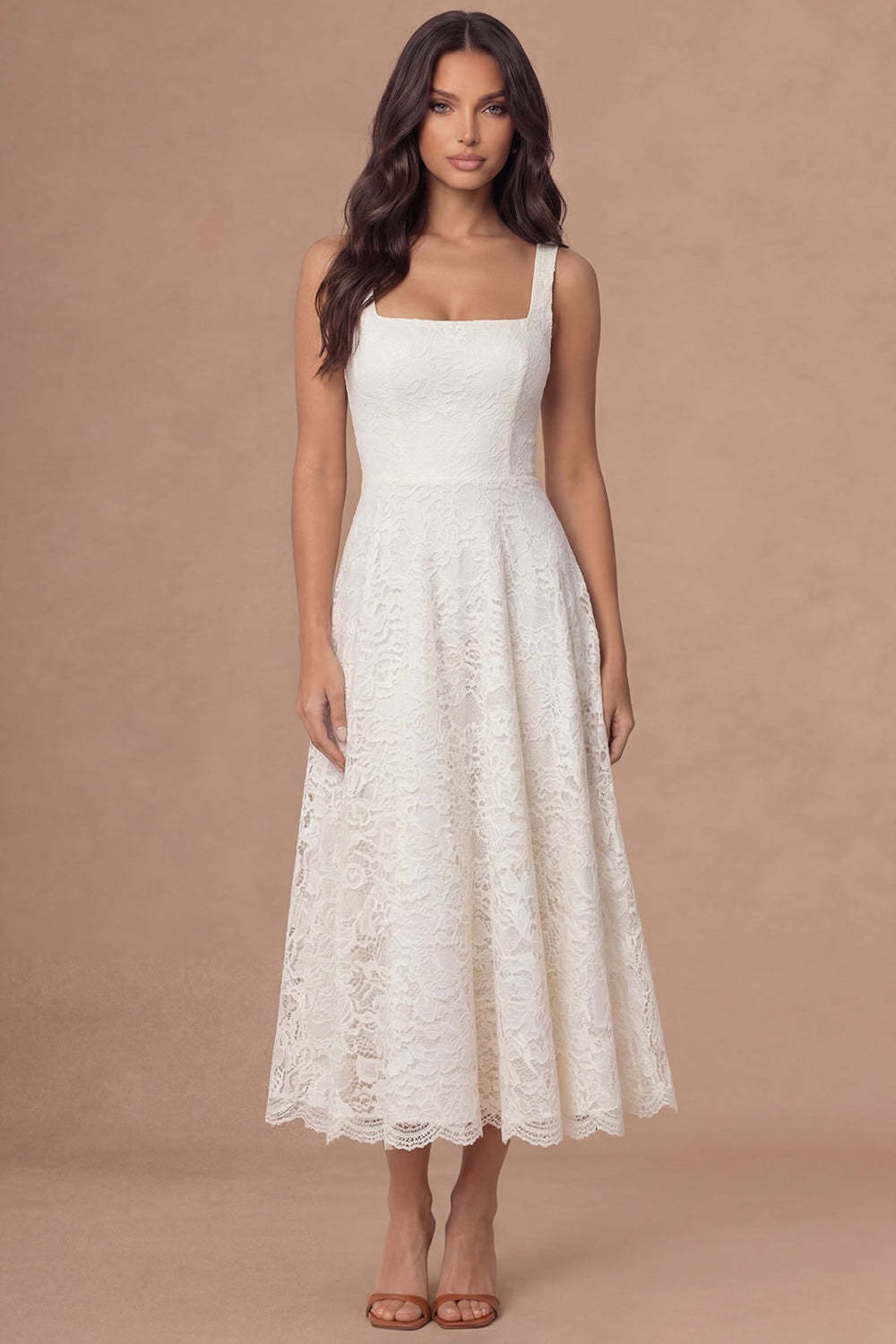 Leely Women A Line White Long Lace Engagement Dress Thick Straps Square Neck Rehearsal Dinner Dress