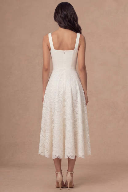 Ivory Lace Square Neck A Line Long Engagement Dress