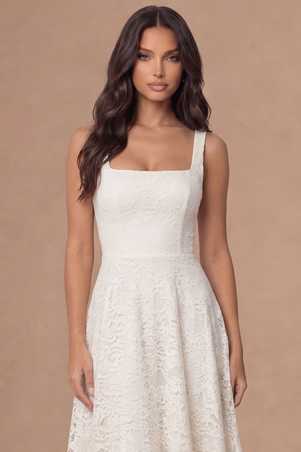Ivory Lace Square Neck A Line Long Engagement Dress