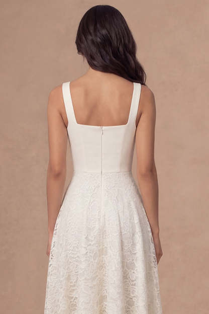 Ivory Lace Square Neck A Line Long Engagement Dress