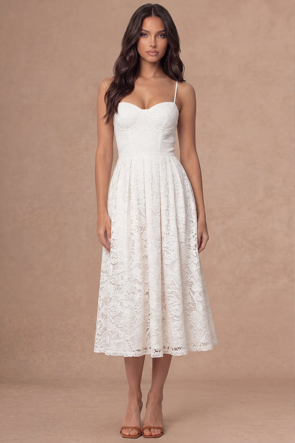 White Lace Corset Spaghetti Straps A Line Midi Engagement Dress