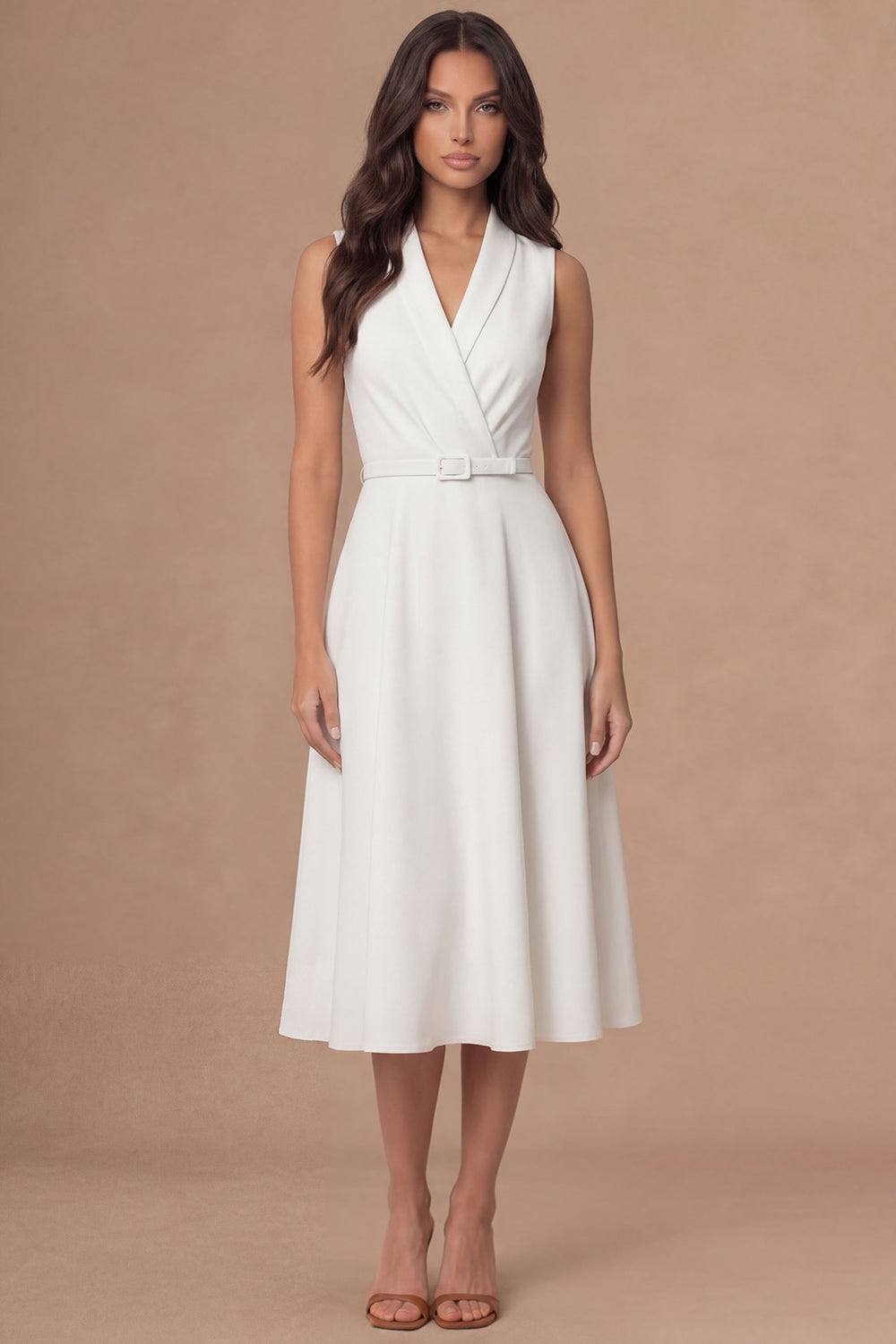 White Shawl Lapel A Line Sleeveless Midi Engagement Dress