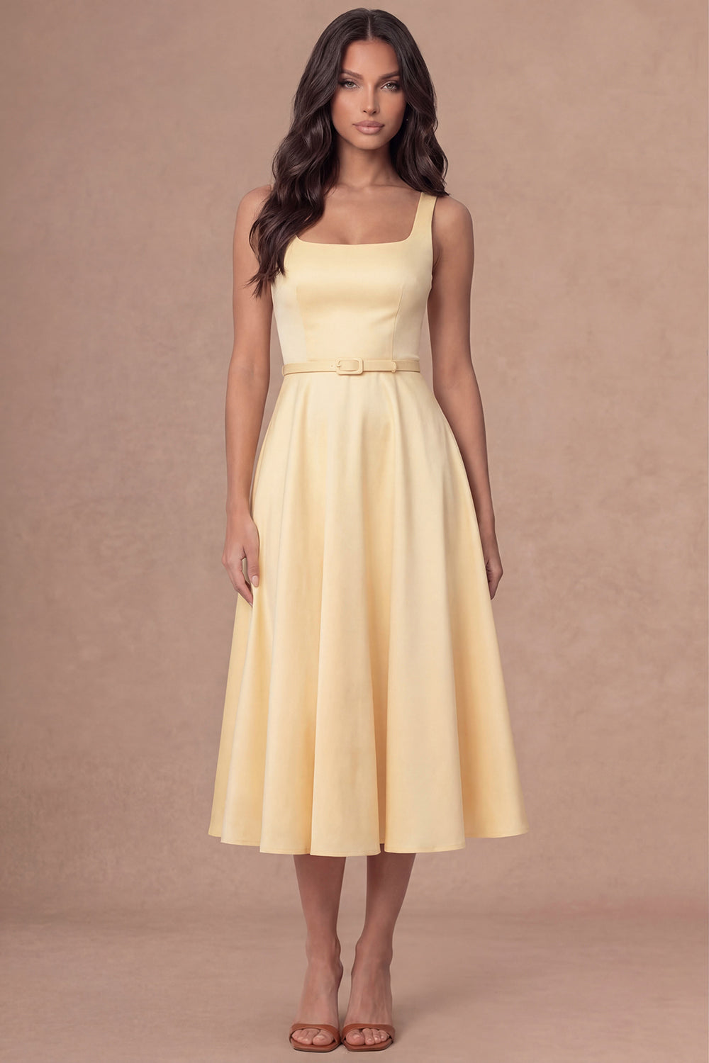 White A Line Thick Straps Satin Sleeveless Midi Engagement Dress