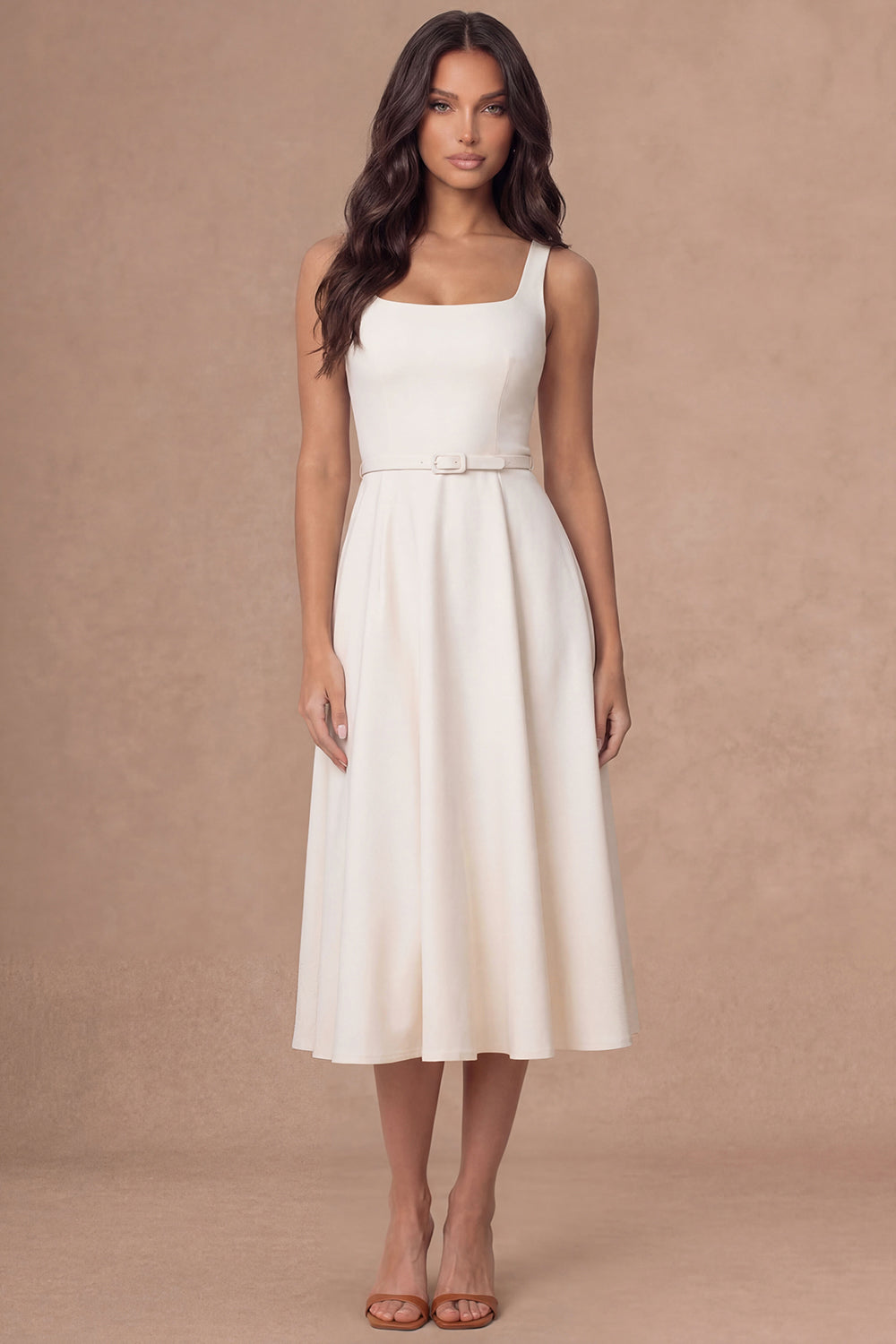 White A Line Thick Straps Satin Sleeveless Midi Engagement Dress