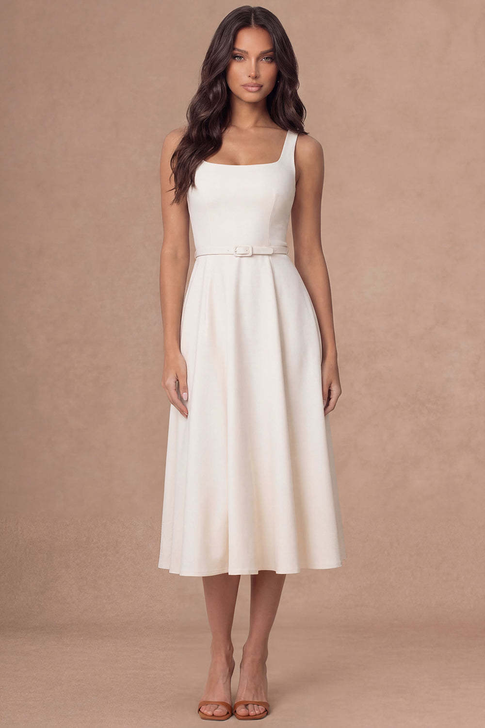 Leely Women White A Line Thick Straps Midi Engagement Dress Satin Sleeveless Wedding Reception Dress with Belt