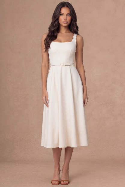 Leely Women White A Line Thick Straps Midi Engagement Dress Satin Sleeveless Wedding Reception Dress with Belt