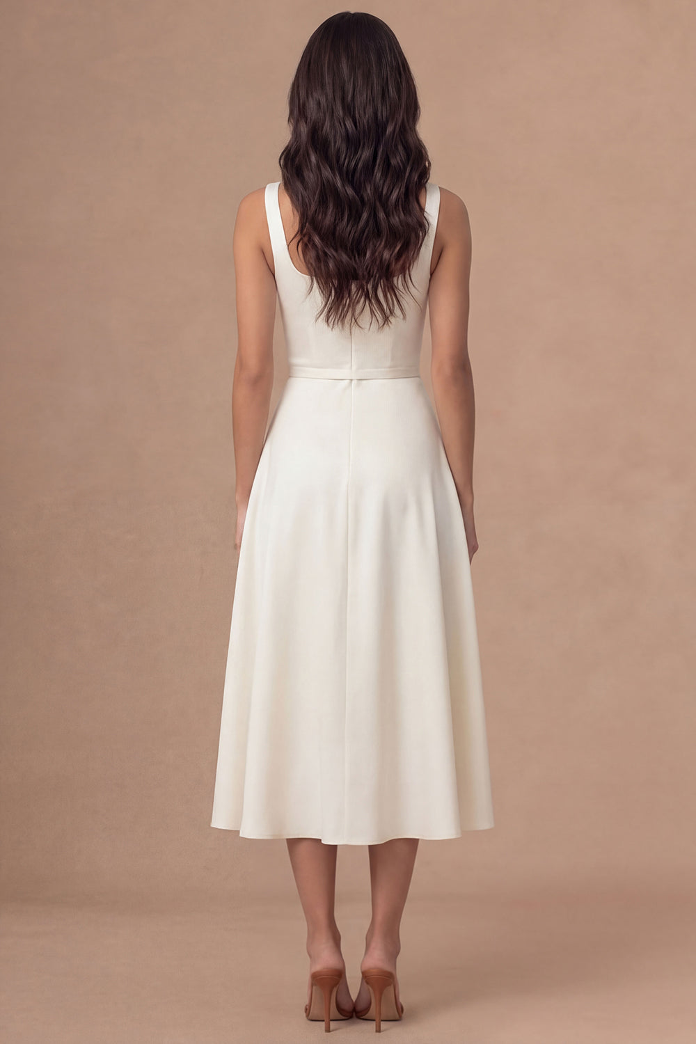 White A Line Thick Straps Satin Sleeveless Midi Engagement Dress