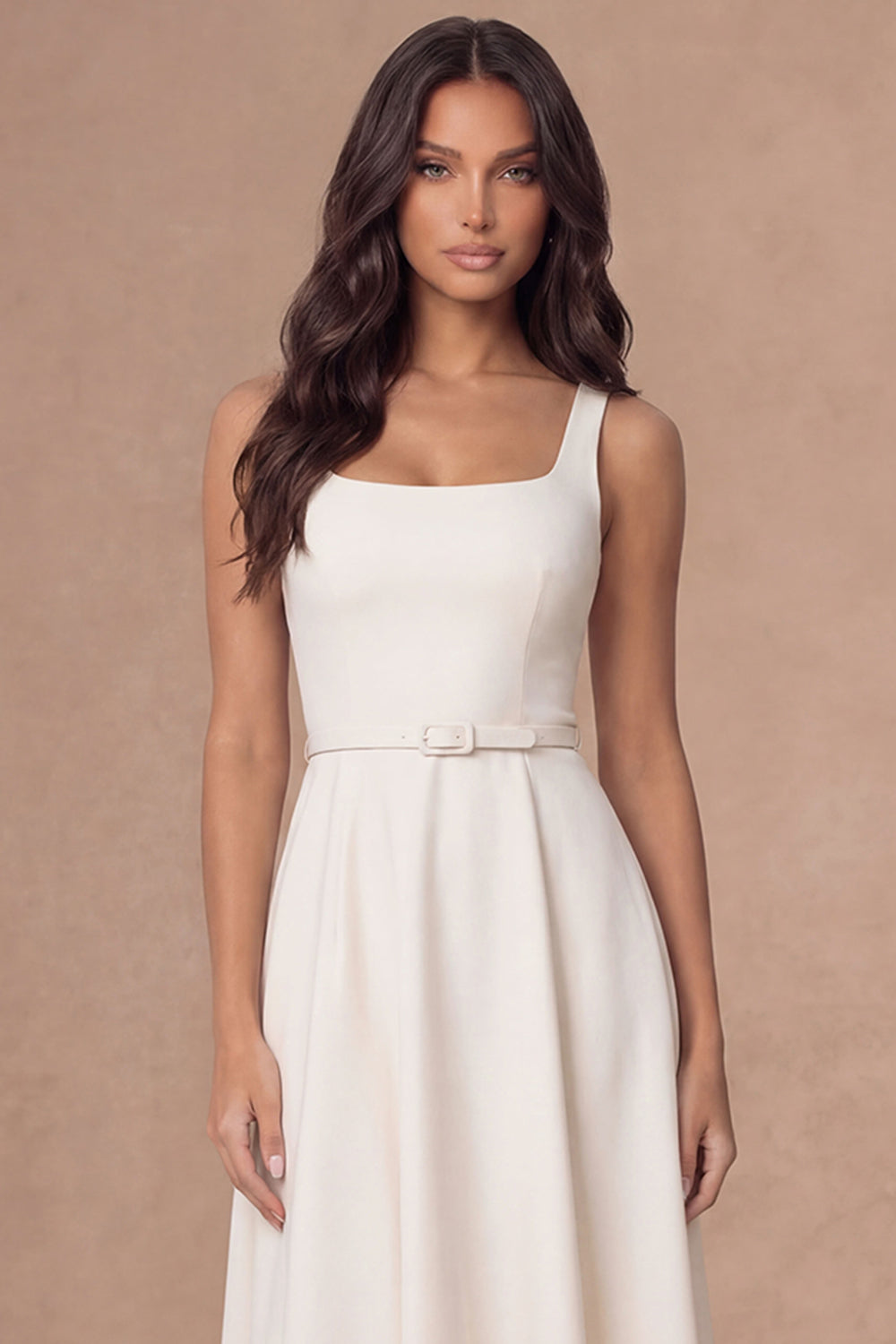 White A Line Thick Straps Satin Sleeveless Midi Engagement Dress